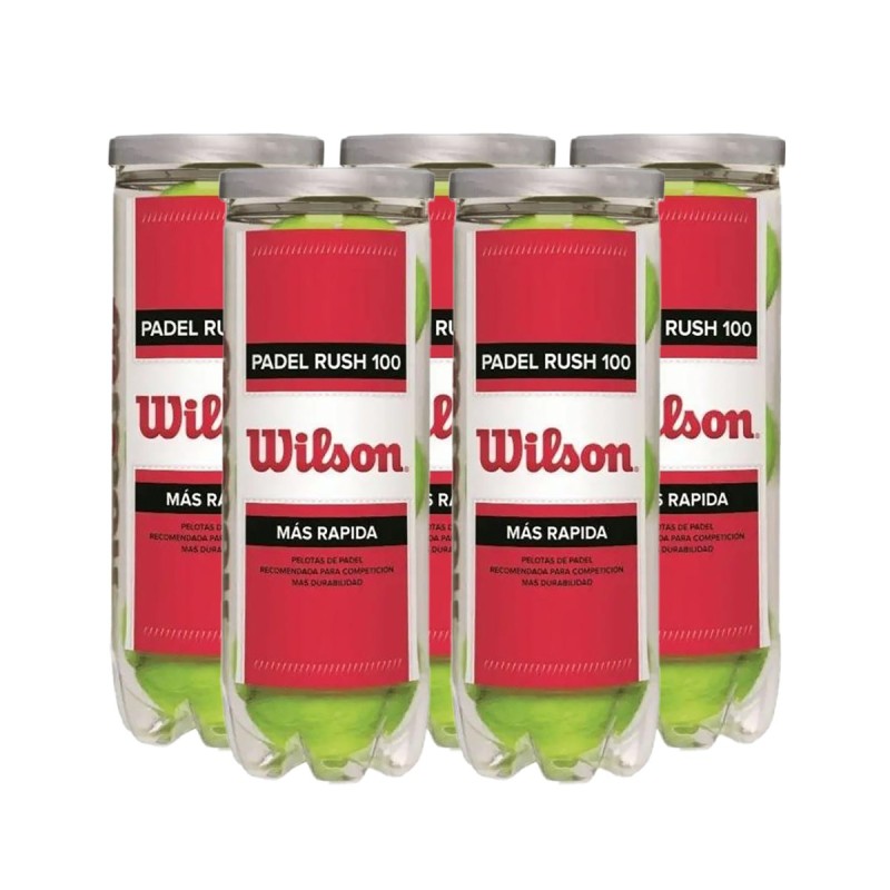 Wilson Rush 100 - Lote Pack 5 Botes, 15 Pelotas Padel, Color Amarillo, Menos Presión, Bote con Tapa, Más Duración